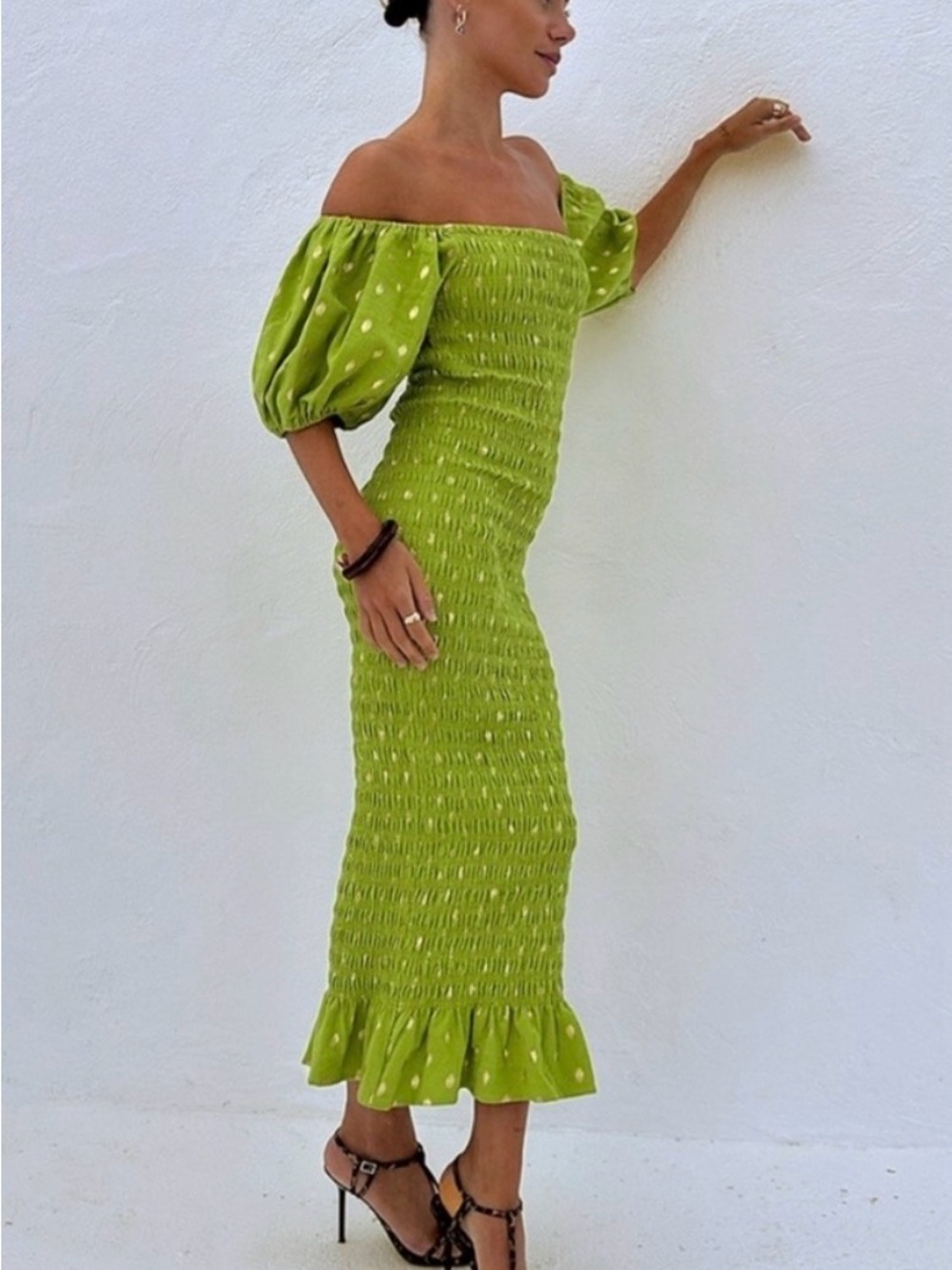 Never Fully Dressed Olive Jojo Dress, Gold & Olive Fleck